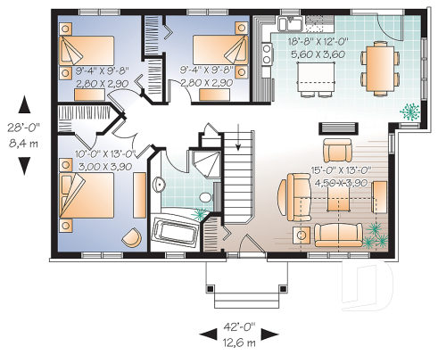 Rez-de-chaussée - Plan de plain-pied 3 chambres, champêtre et très économique, beaucoup de fenêtres, îlot à la cuisine - Kimberley