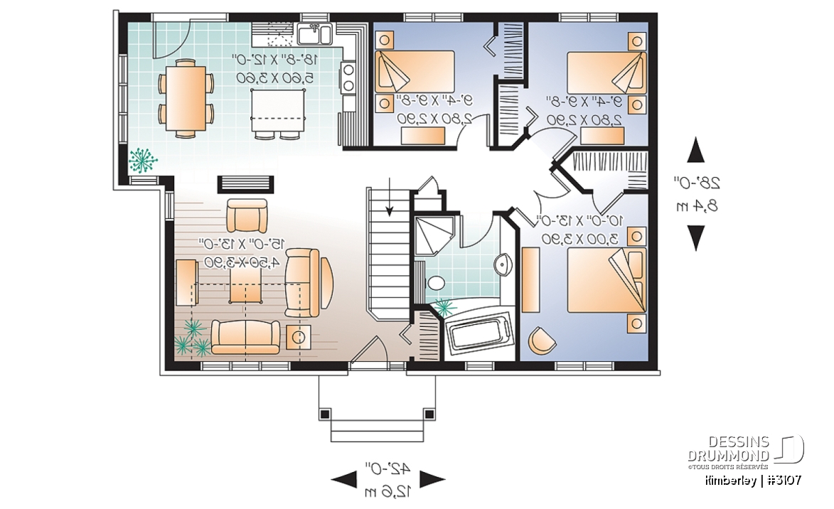 Rez-de-chaussée - Plan de plain-pied 3 chambres, champêtre et très économique, beaucoup de fenêtres, îlot à la cuisine - Kimberley