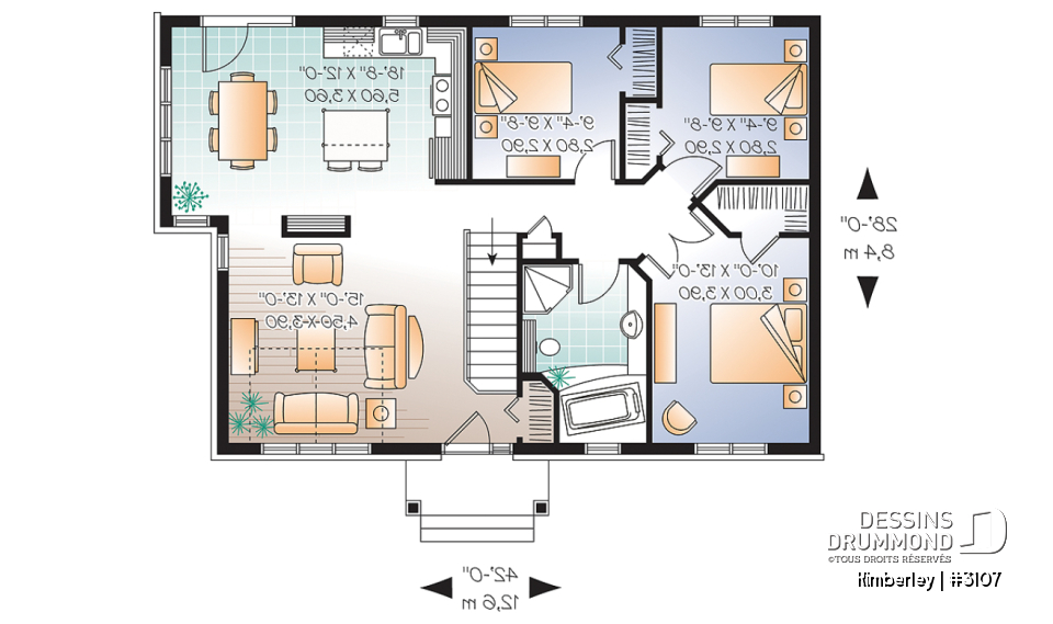Rez-de-chaussée - Plan de plain-pied 3 chambres, champêtre et très économique, beaucoup de fenêtres, îlot à la cuisine - Kimberley