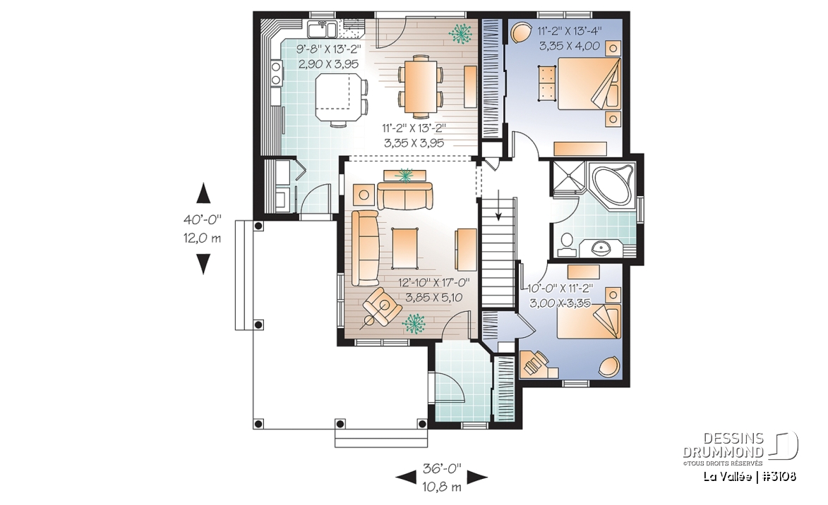 Rez-de-chaussée - Plan plain-pied champêtre, balcon avant abrité, vestibule fermé, buanderie près de cuisine, îlot, 2 chambres - La Vallée