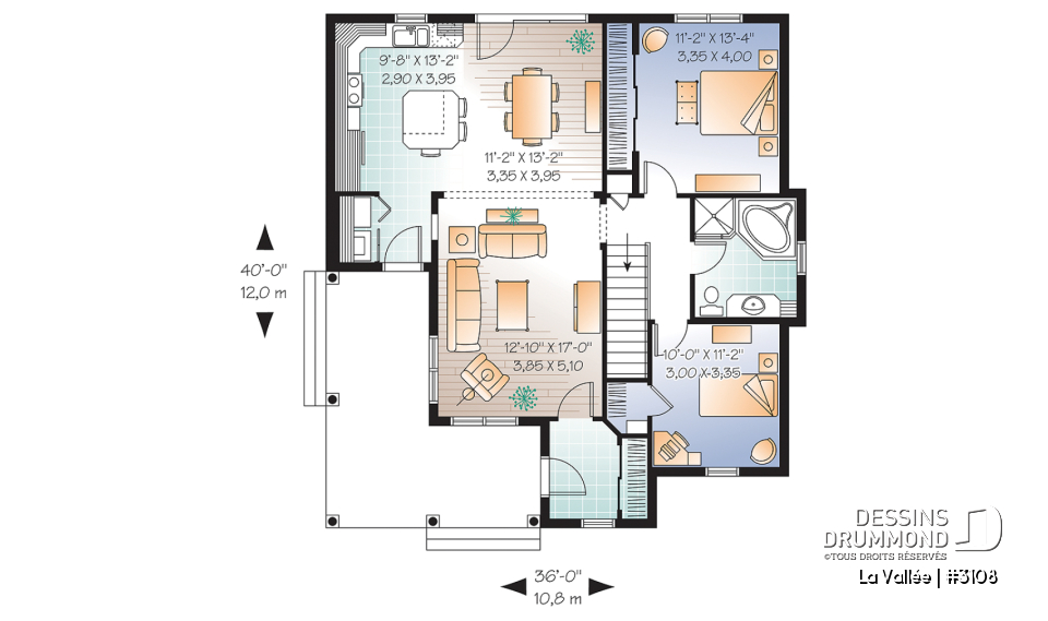 Rez-de-chaussée - Plan plain-pied champêtre, balcon avant abrité, vestibule fermé, buanderie près de cuisine, îlot, 2 chambres - La Vallée