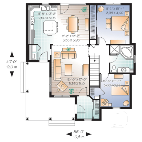Rez-de-chaussée - Plan plain-pied champêtre, balcon avant abrité, vestibule fermé, buanderie près de cuisine, îlot, 2 chambres - La Vallée