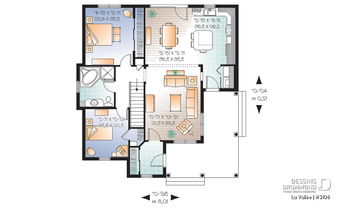 Rez-de-chaussée - Plan plain-pied champêtre, balcon avant abrité, vestibule fermé, buanderie près de cuisine, îlot, 2 chambres - La Vallée