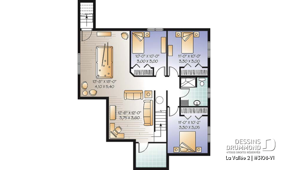 Sous-sol - Plan de plain-pied champêtre, 5 chambres dont 2 au rez-de-chaussée, salle de jeux, aire ouverte - La Vallée 2