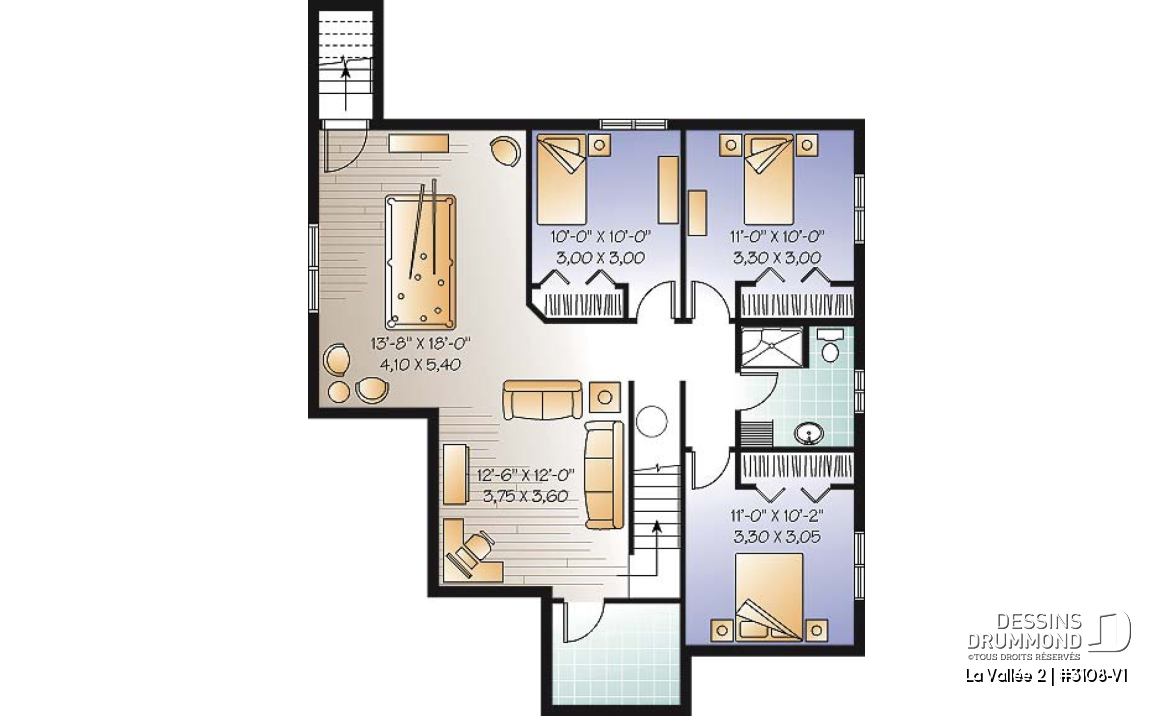 Sous-sol aménagé (Optionel $) - Plan de plain-pied champêtre, 5 chambres dont 2 au rez-de-chaussée, salle de jeux, aire ouverte - La Vallée 2