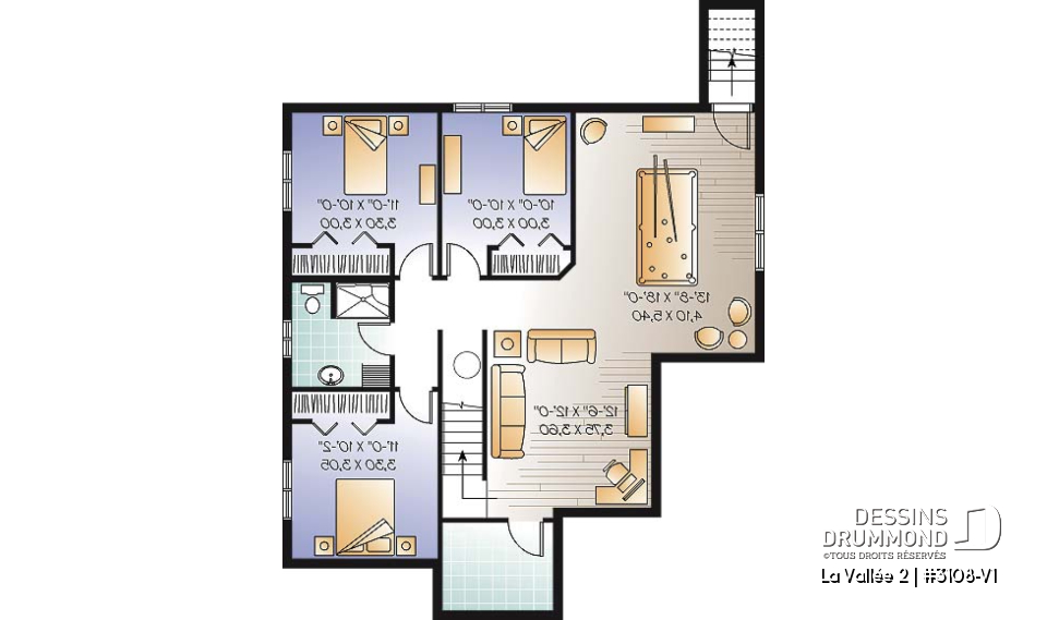 Sous-sol - Plan de plain-pied champêtre, 5 chambres dont 2 au rez-de-chaussée, salle de jeux, aire ouverte - La Vallée 2