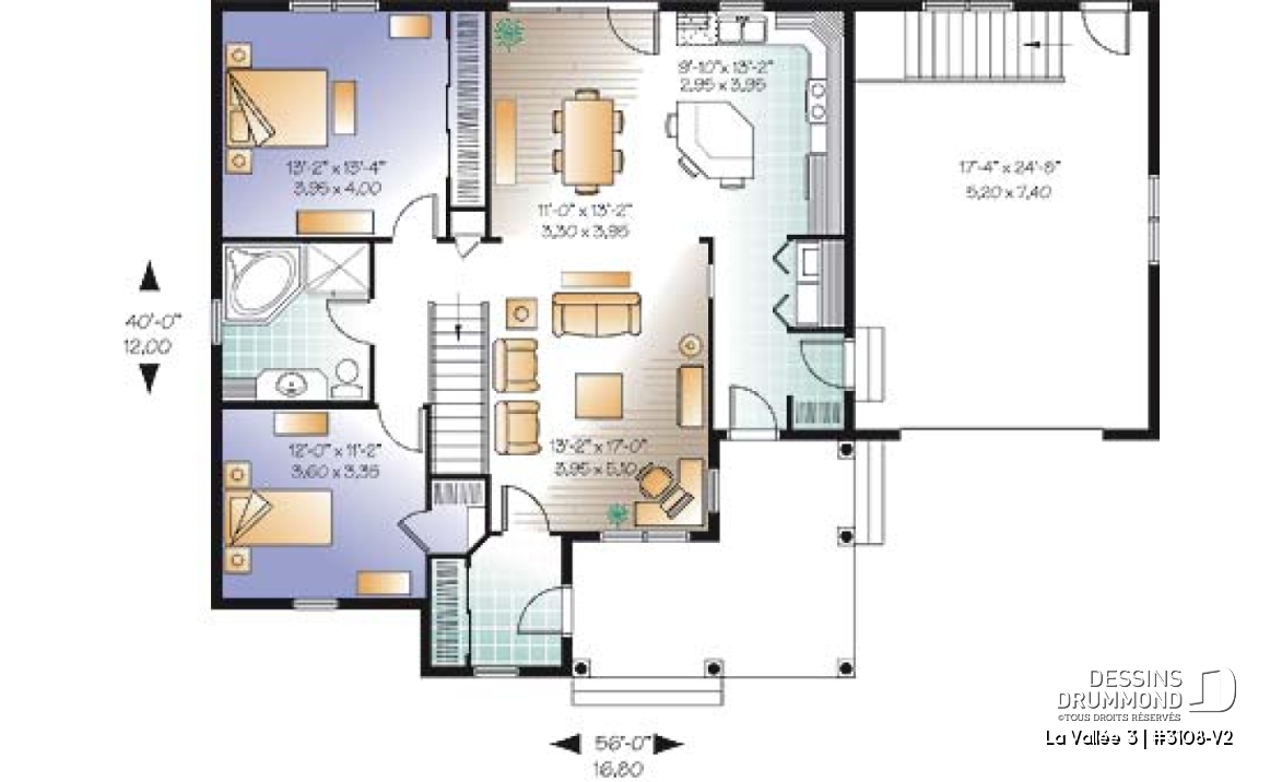 Rez-de-chaussée - Plan de plain-pied 2 chambres avec garage, coin ordinateur, accès s-sol par garage, vestibule fermé - La Vallée 3