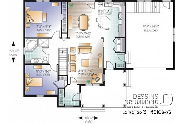 Rez-de-chaussée - Plan de plain-pied 2 chambres avec garage, coin ordinateur, accès s-sol par garage, vestibule fermé - La Vallée 3