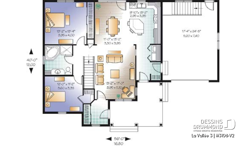 Rez-de-chaussée - Plan de plain-pied 2 chambres avec garage, coin ordinateur, accès s-sol par garage, vestibule fermé - La Vallée 3