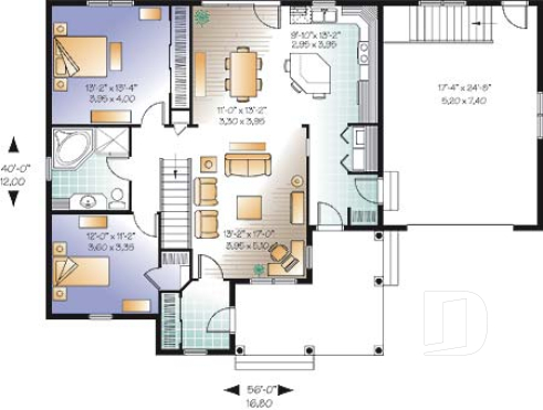Rez-de-chaussée - Plan de plain-pied 2 chambres avec garage, coin ordinateur, accès s-sol par garage, vestibule fermé - La Vallée 3