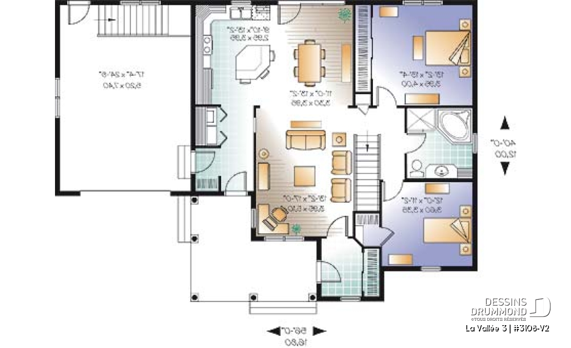 Rez-de-chaussée - Plan de plain-pied 2 chambres avec garage, coin ordinateur, accès s-sol par garage, vestibule fermé - La Vallée 3