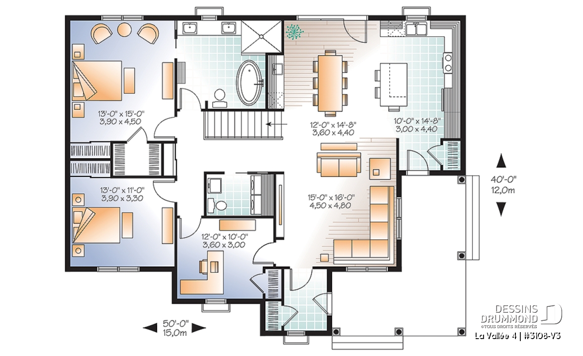 Rez-de-chaussée - Plan de bungalow champêtre, 2 ou 3 chambres, 2 salles de bain, bureau à domicile (ou chambre #3), 2 entrées - La Vallée 4