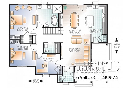 Rez-de-chaussée - Plan de bungalow champêtre, 2 ou 3 chambres, 2 salles de bain, bureau à domicile (ou chambre #3), 2 entrées - La Vallée 4