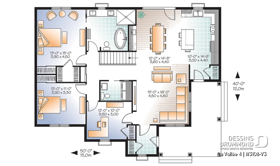 Rez-de-chaussée - Plan de bungalow champêtre, 2 ou 3 chambres, 2 salles de bain, bureau à domicile (ou chambre #3), 2 entrées - La Vallée 4