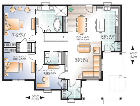 Rez-de-chaussée - Plan de bungalow champêtre, 2 ou 3 chambres, 2 salles de bain, bureau à domicile (ou chambre #3), 2 entrées - La Vallée 4