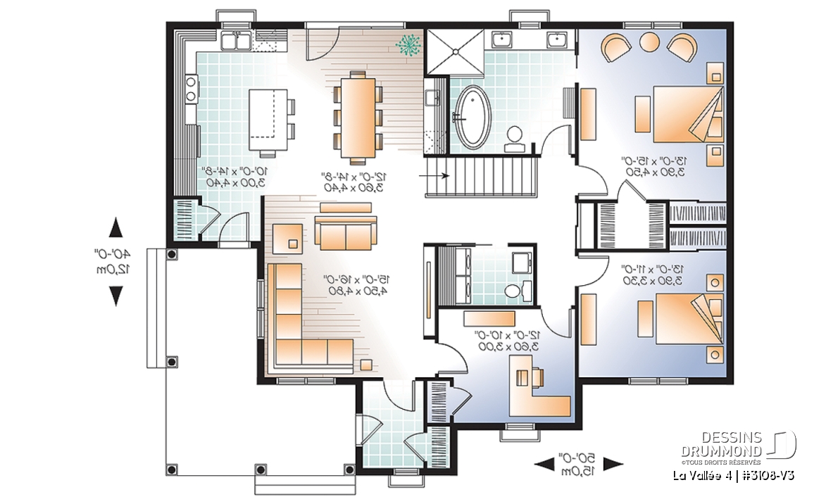 Rez-de-chaussée - Plan de bungalow champêtre, 2 ou 3 chambres, 2 salles de bain, bureau à domicile (ou chambre #3), 2 entrées - La Vallée 4
