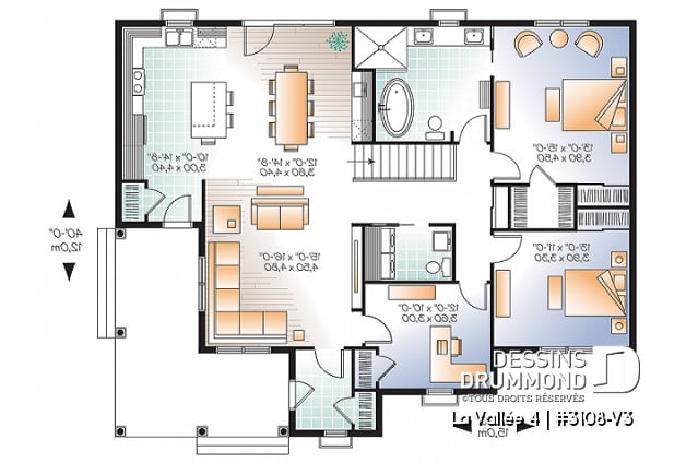 Rez-de-chaussée - Plan de bungalow champêtre, 2 ou 3 chambres, 2 salles de bain, bureau à domicile (ou chambre #3), 2 entrées - La Vallée 4