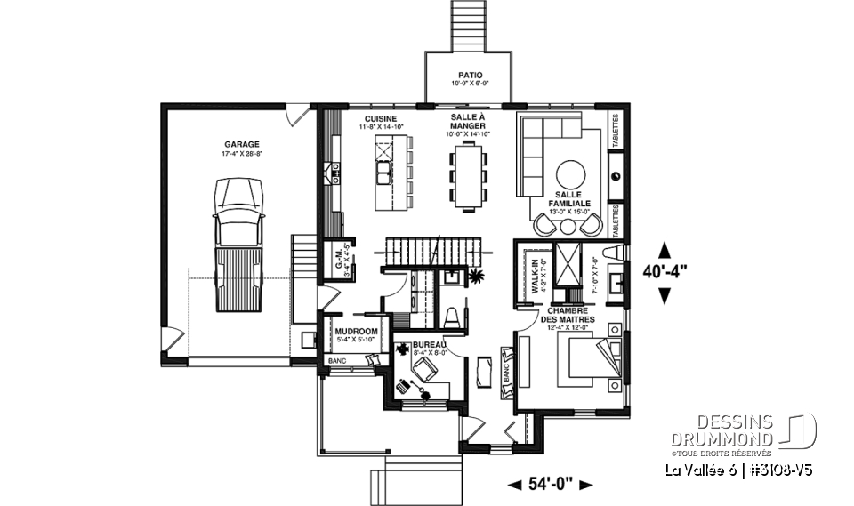 Rez-de-chaussée - Plan de maison à étage, 3 chambres et bureau à la maison, garage, aire ouverte à l'arrière, vestiaire - La Vallée 6