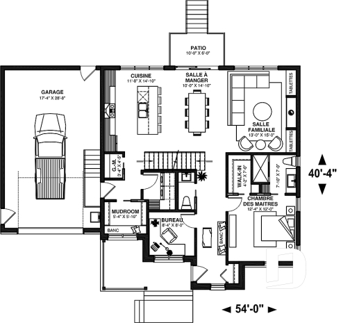 Rez-de-chaussée - Plan de maison à étage, 3 chambres et bureau à la maison, garage, aire ouverte à l'arrière, vestiaire - La Vallée 6