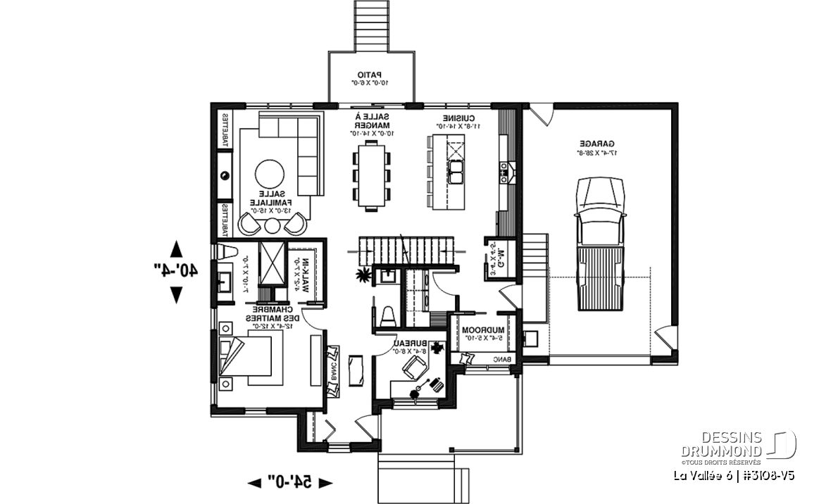 Rez-de-chaussée - Plan de maison à étage, 3 chambres et bureau à la maison, garage, aire ouverte à l'arrière, vestiaire - La Vallée 6