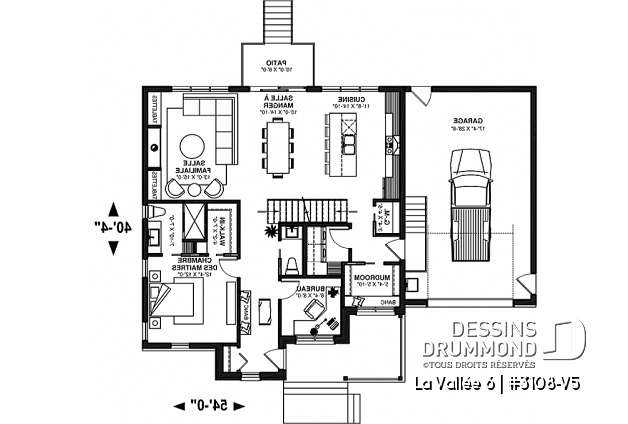 Rez-de-chaussée - Plan de maison à étage, 3 chambres et bureau à la maison, garage, aire ouverte à l'arrière, vestiaire - La Vallée 6