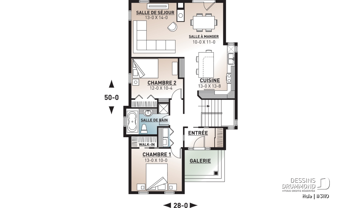Rez-de-chaussée - Plan de maison plain-pied champêtre, abordable, 2 chambres, foyer, pour terrain étroit, sous-sol non-fini - Hale