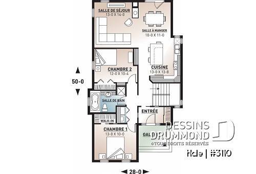 Rez-de-chaussée - Plan de maison plain-pied champêtre, abordable, 2 chambres, foyer, pour terrain étroit, sous-sol non-fini - Hale