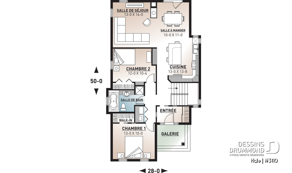 Rez-de-chaussée - Plan de maison plain-pied champêtre, abordable, 2 chambres, foyer, pour terrain étroit, sous-sol non-fini - Hale