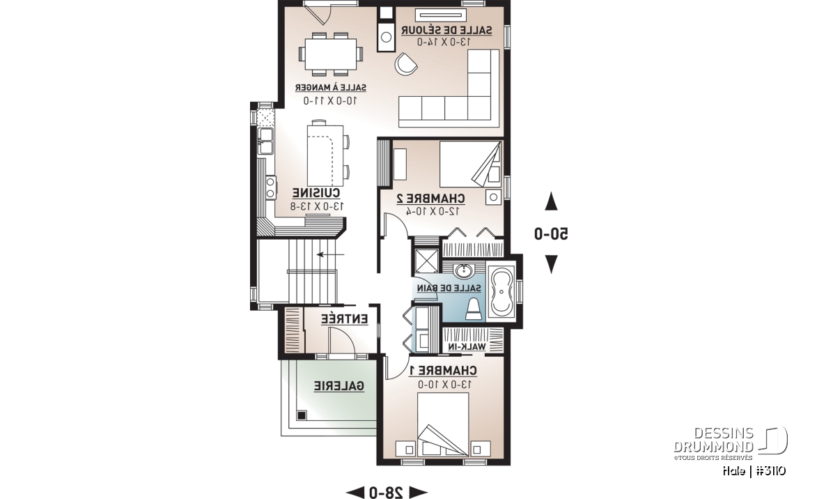 Rez-de-chaussée - Plan de maison plain-pied champêtre, abordable, 2 chambres, foyer, pour terrain étroit, sous-sol non-fini - Hale