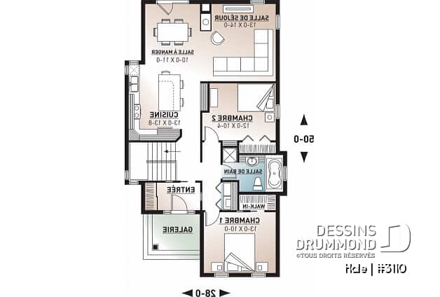 Rez-de-chaussée - Plan de maison plain-pied champêtre, abordable, 2 chambres, foyer, pour terrain étroit, sous-sol non-fini - Hale