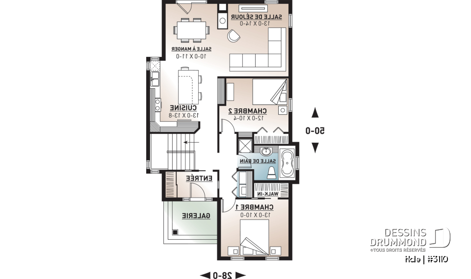 Rez-de-chaussée - Plan de maison plain-pied champêtre, abordable, 2 chambres, foyer, pour terrain étroit, sous-sol non-fini - Hale