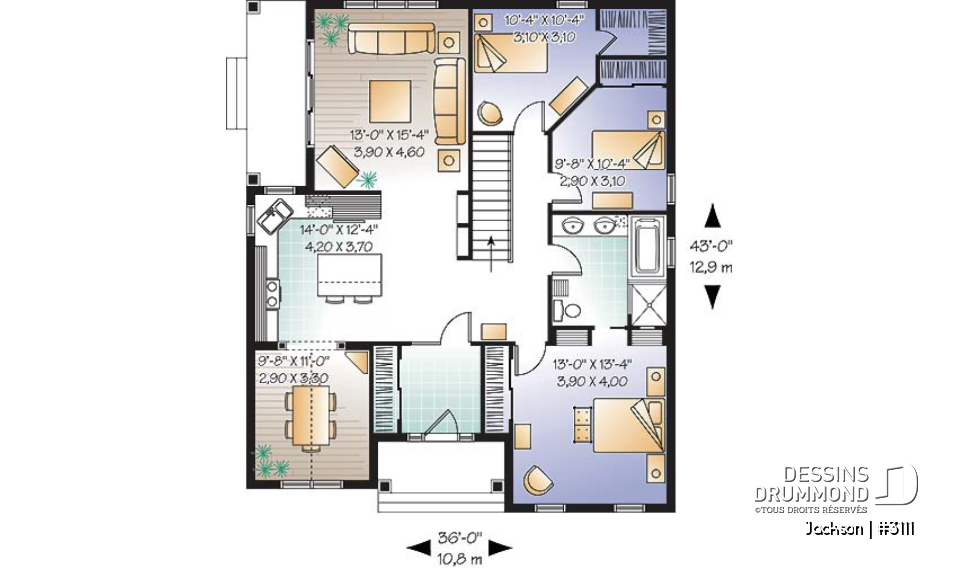 Rez-de-chaussée - Plan de plain-pied 3 chambres, vestibule fermé, salle à manger séparée ou bureau, îlot, balcon abrité - Jackson