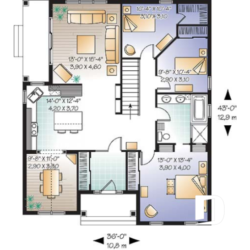 Rez-de-chaussée - Plan de plain-pied 3 chambres, vestibule fermé, salle à manger séparée ou bureau, îlot, balcon abrité - Jackson