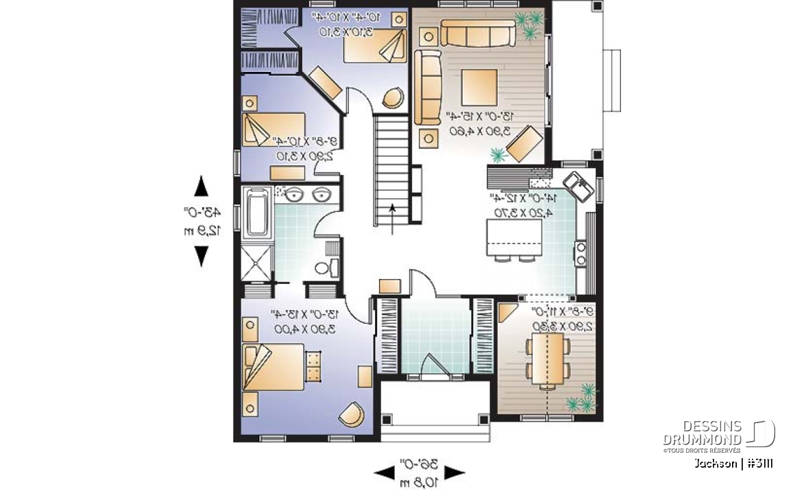 Rez-de-chaussée - Plan de plain-pied 3 chambres, vestibule fermé, salle à manger séparée ou bureau, îlot, balcon abrité - Jackson