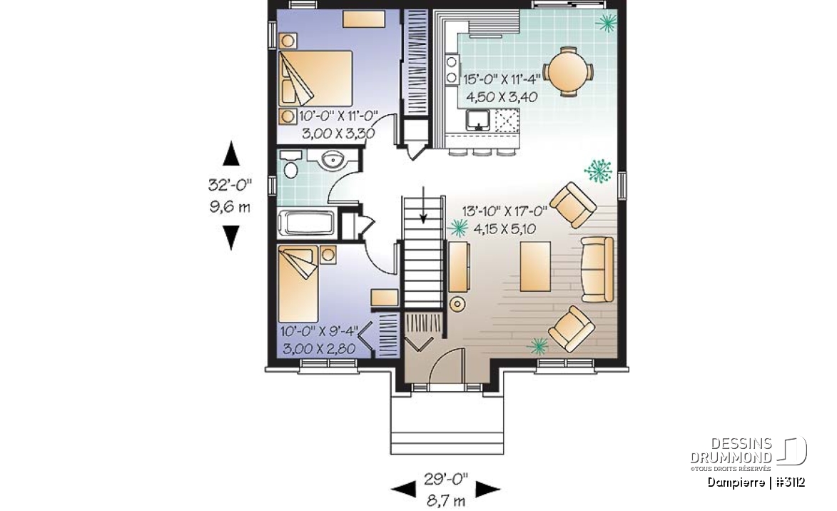 Rez-de-chaussée - Plan de petit plain-pied économique, 2 chambres, aire ouverte, cuisine avec comptoir lunch - Dampierre