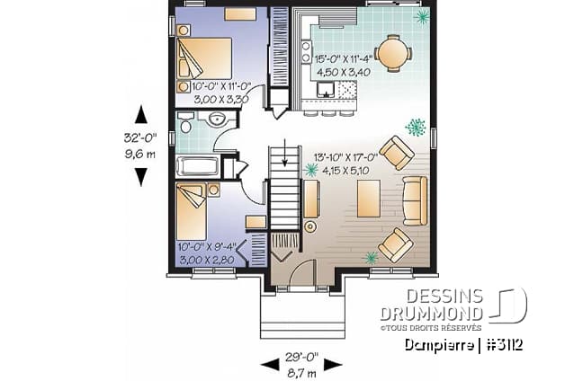 Rez-de-chaussée - Plan de petit plain-pied économique, 2 chambres, aire ouverte, cuisine avec comptoir lunch - Dampierre