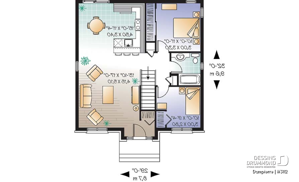 Rez-de-chaussée - Plan de petit plain-pied économique, 2 chambres, aire ouverte, cuisine avec comptoir lunch - Dampierre