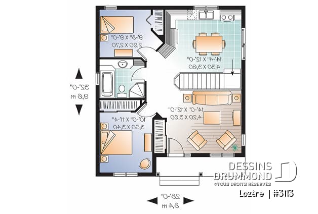 Rez-de-chaussée - Plan de plain-pied moderne rustique, très économique, 2 chambres, balcon avant abrité, s-s aménageable - Lozère 