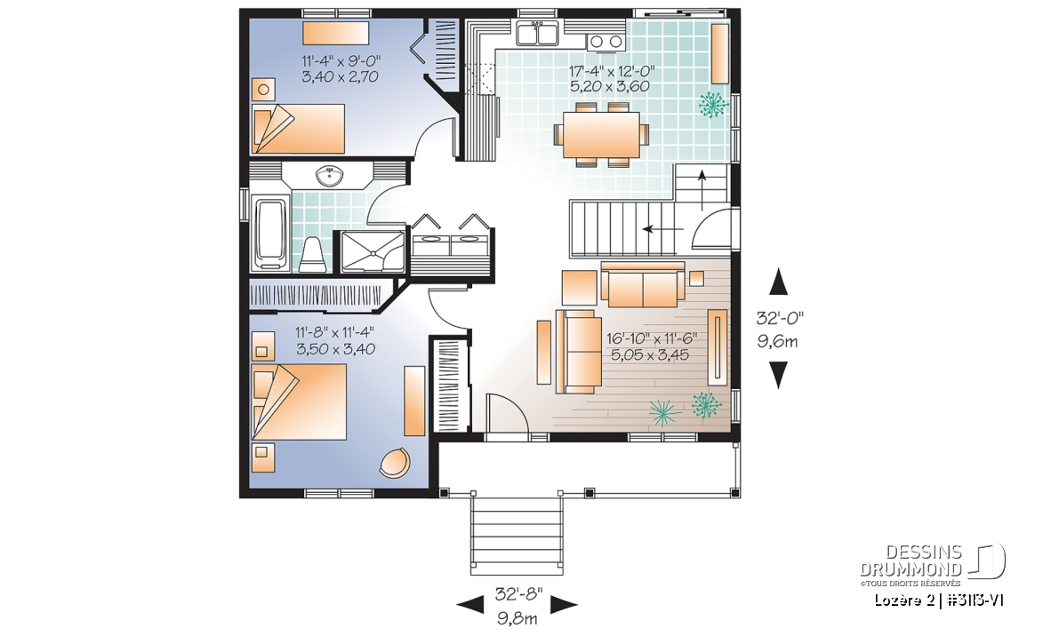 Rez-de-chaussée - Plan de plain-pied 2 chambres économique et évolutif avec sous-sol sorti de terre et aire ouverte lumineuse - Lozère 2