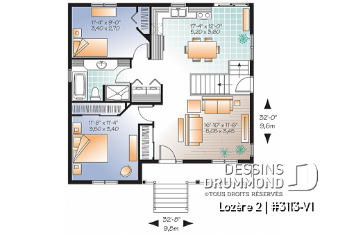 Rez-de-chaussée - Plan de petit plain-pied 2 chambres, fondation sortie de terre, champêtre, sous-sol aménageable - Lozère 2