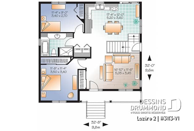 Rez-de-chaussée - Plan de petit plain-pied 2 chambres, fondation sortie de terre, champêtre, sous-sol aménageable - Lozère 2