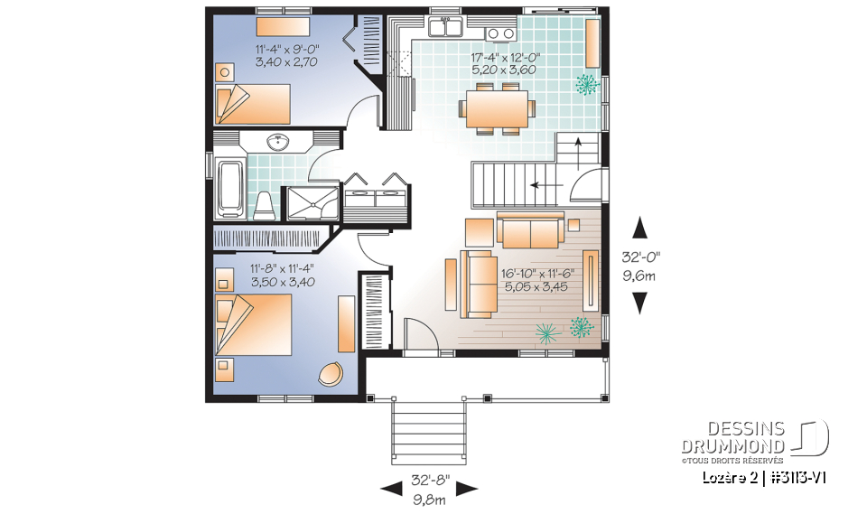 Rez-de-chaussée - Plan de petit plain-pied 2 chambres, fondation sortie de terre, champêtre, sous-sol aménageable - Lozère 2