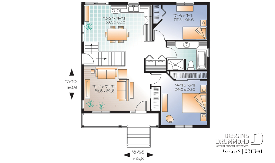 Rez-de-chaussée - Plan de petit plain-pied 2 chambres, fondation sortie de terre, champêtre, sous-sol aménageable - Lozère 2