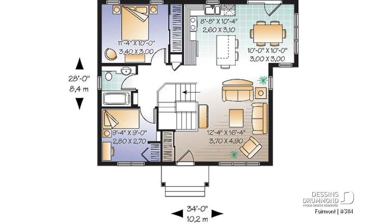 Rez-de-chaussée - Plan de plain-pied 2 chambres, très économique, grande cuisine avec îlot, salle à manger en solarium - Fairmont