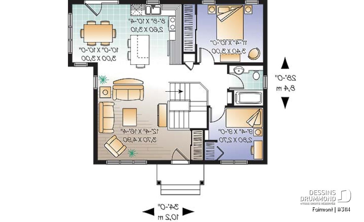 Rez-de-chaussée - Plan de plain-pied 2 chambres, très économique, grande cuisine avec îlot, salle à manger en solarium - Fairmont