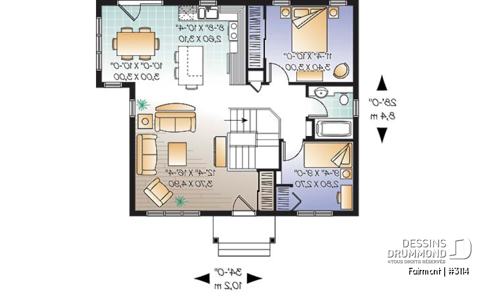 Rez-de-chaussée - Plan de plain-pied 2 chambres, très économique, grande cuisine avec îlot, salle à manger en solarium - Fairmont