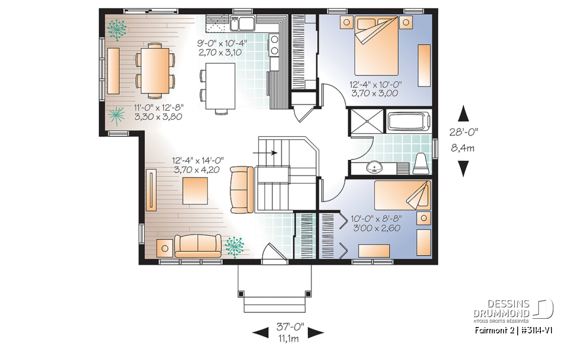 Rez-de-chaussée - Plan plain-pied 2 chambres, modèle idéal pour première maison, de style champêtre rustique, petit prix - Fairmont 2