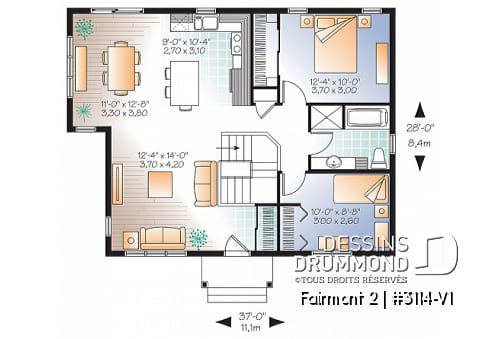 Rez-de-chaussée - Plan plain-pied 2 chambres, modèle idéal pour première maison, de style champêtre rustique, petit prix - Fairmont 2