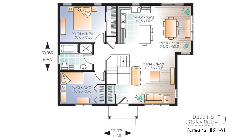 Rez-de-chaussée - Plan plain-pied 2 chambres, modèle idéal pour première maison, de style champêtre rustique, petit prix - Fairmont 2