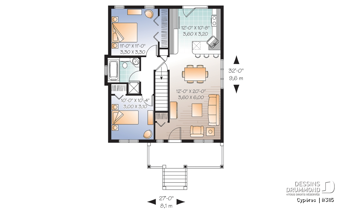 Rez-de-chaussée - Plan de maison plain-pied petit budget 2 chambres, cuisine avec îlot, aire ouverte, parfaite première maison - Cypères 